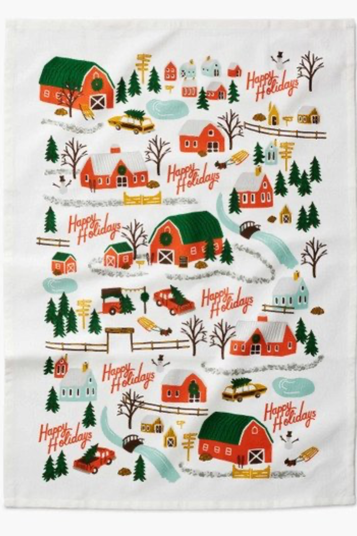 Holiday hometown village personalized holiday tea towel